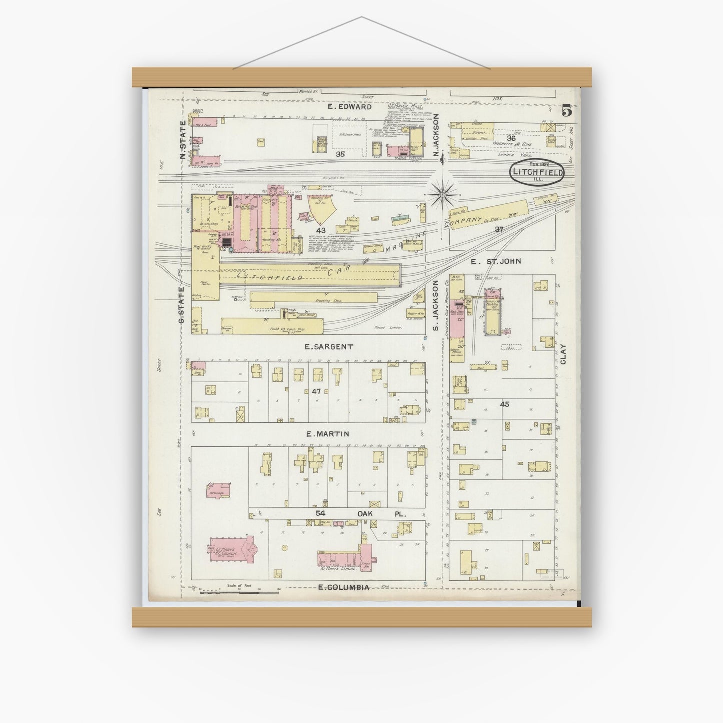 Old map wall art mockup — magnetic wood frame on white wall — Sanborn Fire Insurance Map from Litchfield, Montgomery County, Illinois (1892), Sheet #0005