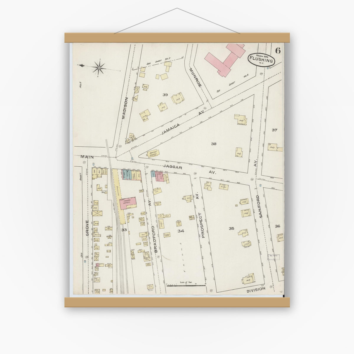 Old map wall art mockup — magnetic wood frame on white wall — Sanborn Fire Insurance Map from Flushing, Queens County, New York (1886), Sheet #0006