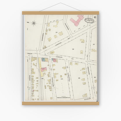 Old map wall art mockup — magnetic wood frame on white wall — Sanborn Fire Insurance Map from Flushing, Queens County, New York (1886), Sheet #0006