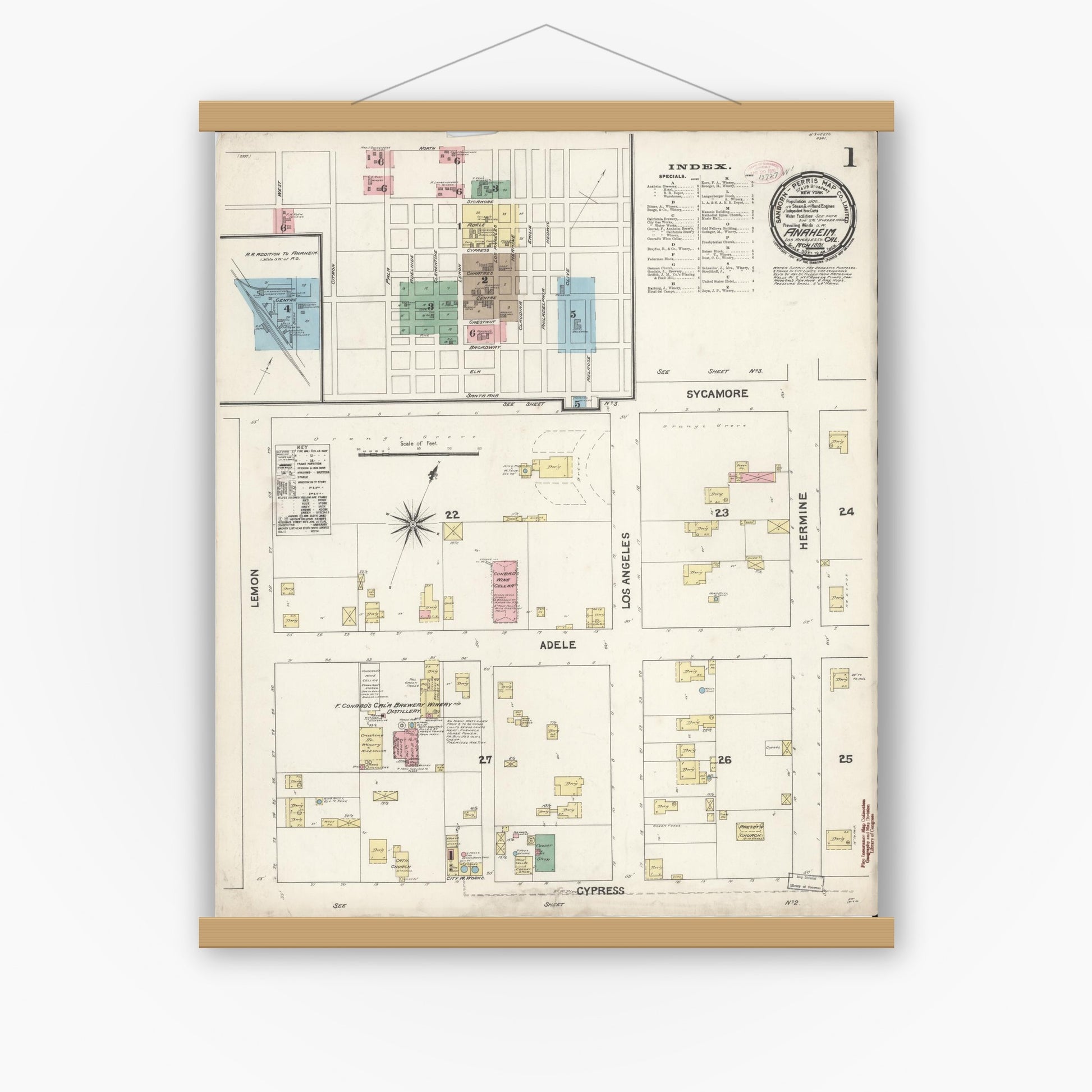 Old map wall art mockup — magnetic wood frame on white wall — Sanborn Fire Insurance Map from Anaheim, Orange County, California (1891), Sheet #0001