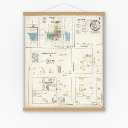 Old map wall art mockup — magnetic wood frame on white wall — Sanborn Fire Insurance Map from Anaheim, Orange County, California (1891), Sheet #0001