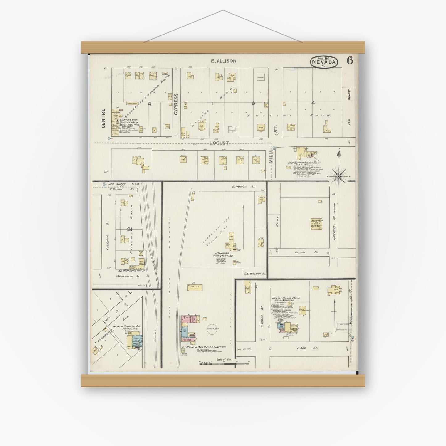 Old map wall art mockup — magnetic wood frame on white wall — Sanborn Fire Insurance Map from Nevada, Vernon County, Missouri (1890), Sheet #0006