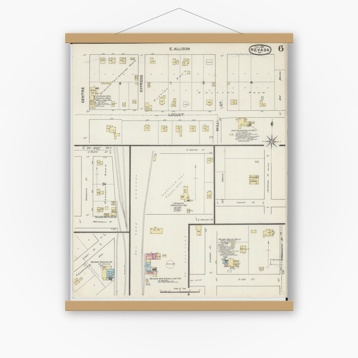 Old map wall art mockup — magnetic wood frame on white wall — Sanborn Fire Insurance Map from Nevada, Vernon County, Missouri (1890), Sheet #0006