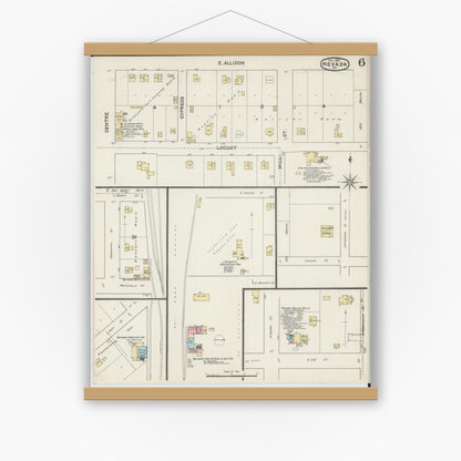 Old map wall art mockup — magnetic wood frame on white wall — Sanborn Fire Insurance Map from Nevada, Vernon County, Missouri (1890), Sheet #0006