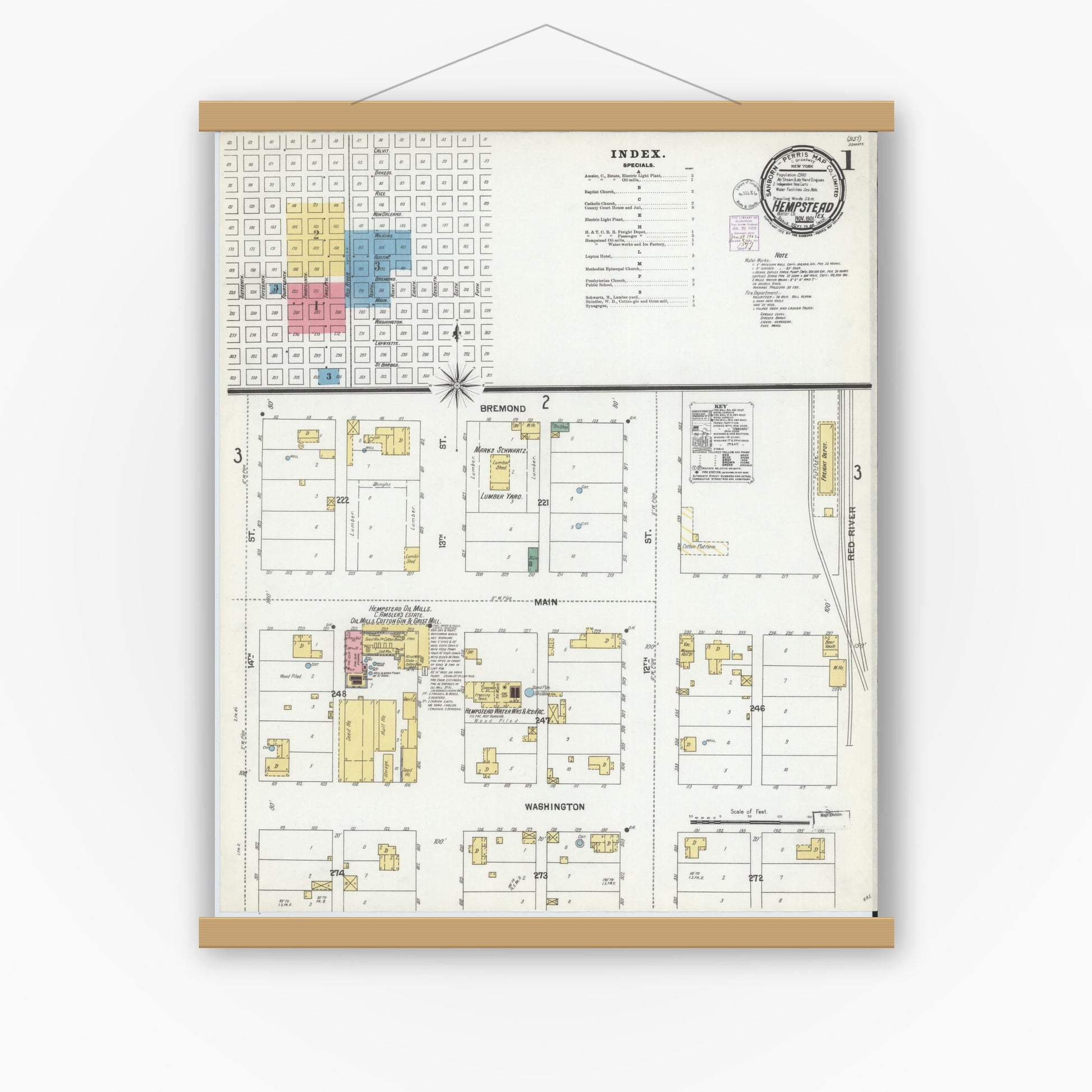 Old map wall art mockup — magnetic wood frame on white wall — Sanborn Fire Insurance Map from Hempstead, Waller County, Texas (1901) - Complete Map Set