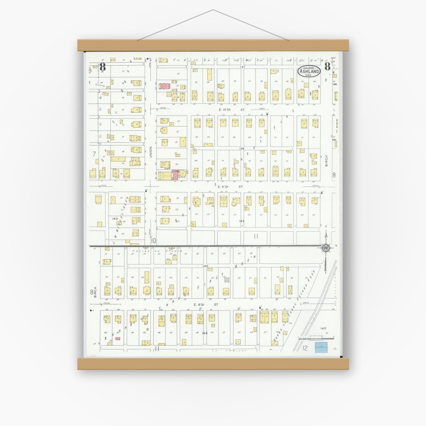 Old map wall art mockup — magnetic wood frame on white wall — Sanborn Fire Insurance Map from Ashland, Ashland County, Ohio (1930), Sheet #0008
