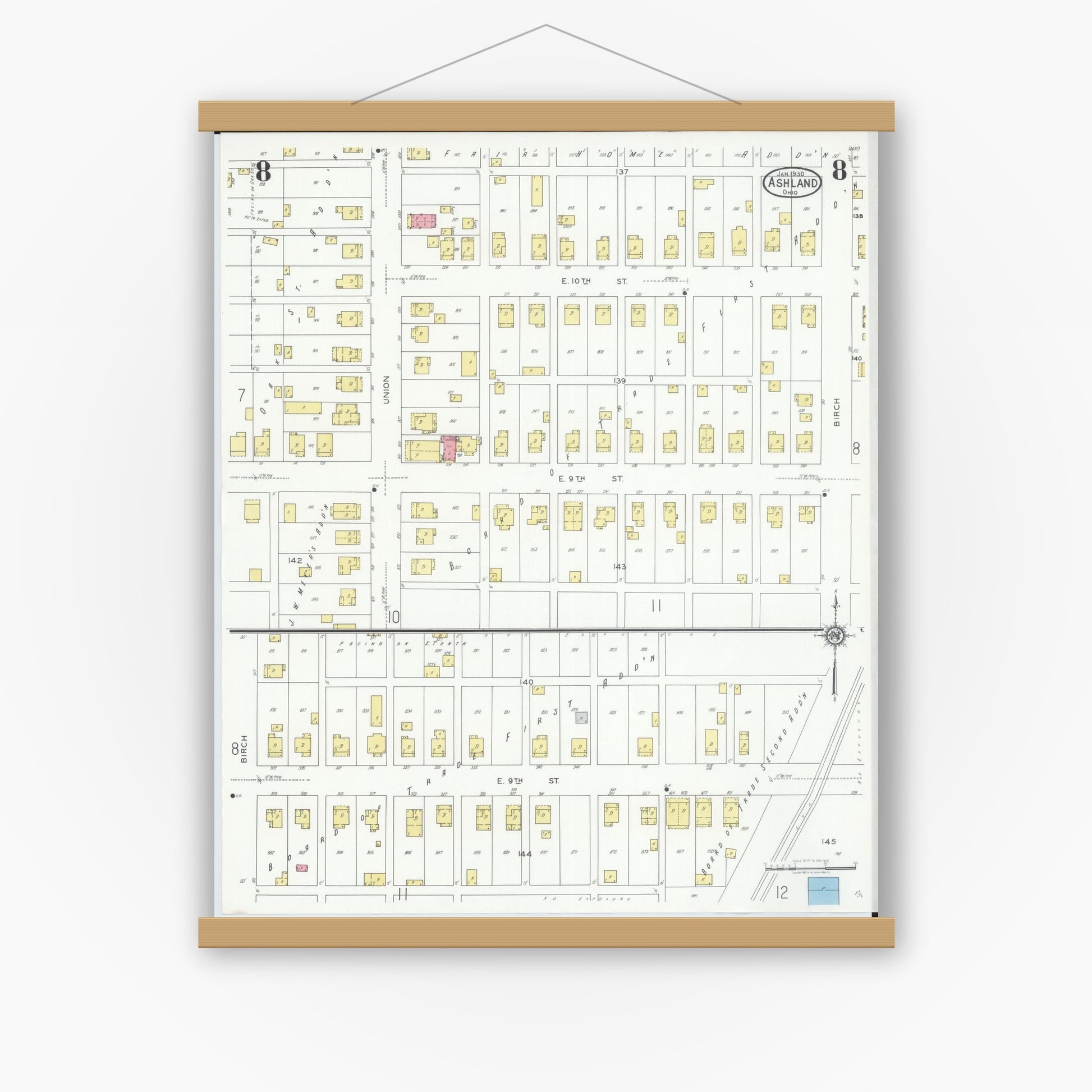 Old map wall art mockup — magnetic wood frame on white wall — Sanborn Fire Insurance Map from Ashland, Ashland County, Ohio (1930), Sheet #0008