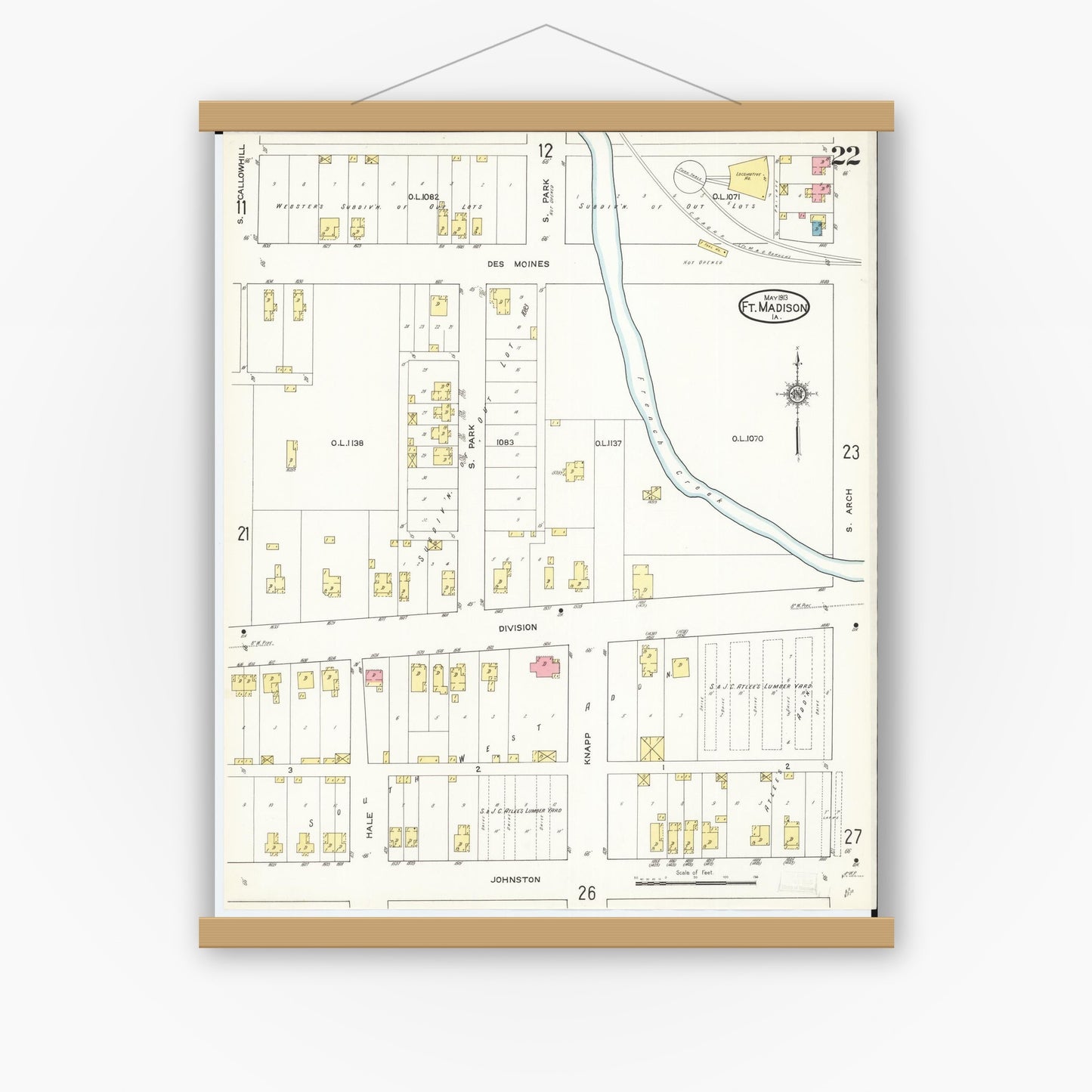 Old map wall art mockup — magnetic wood frame on white wall — Sanborn Fire Insurance Map from Fort Madison, Lee County, Iowa (1913), Sheet #0022