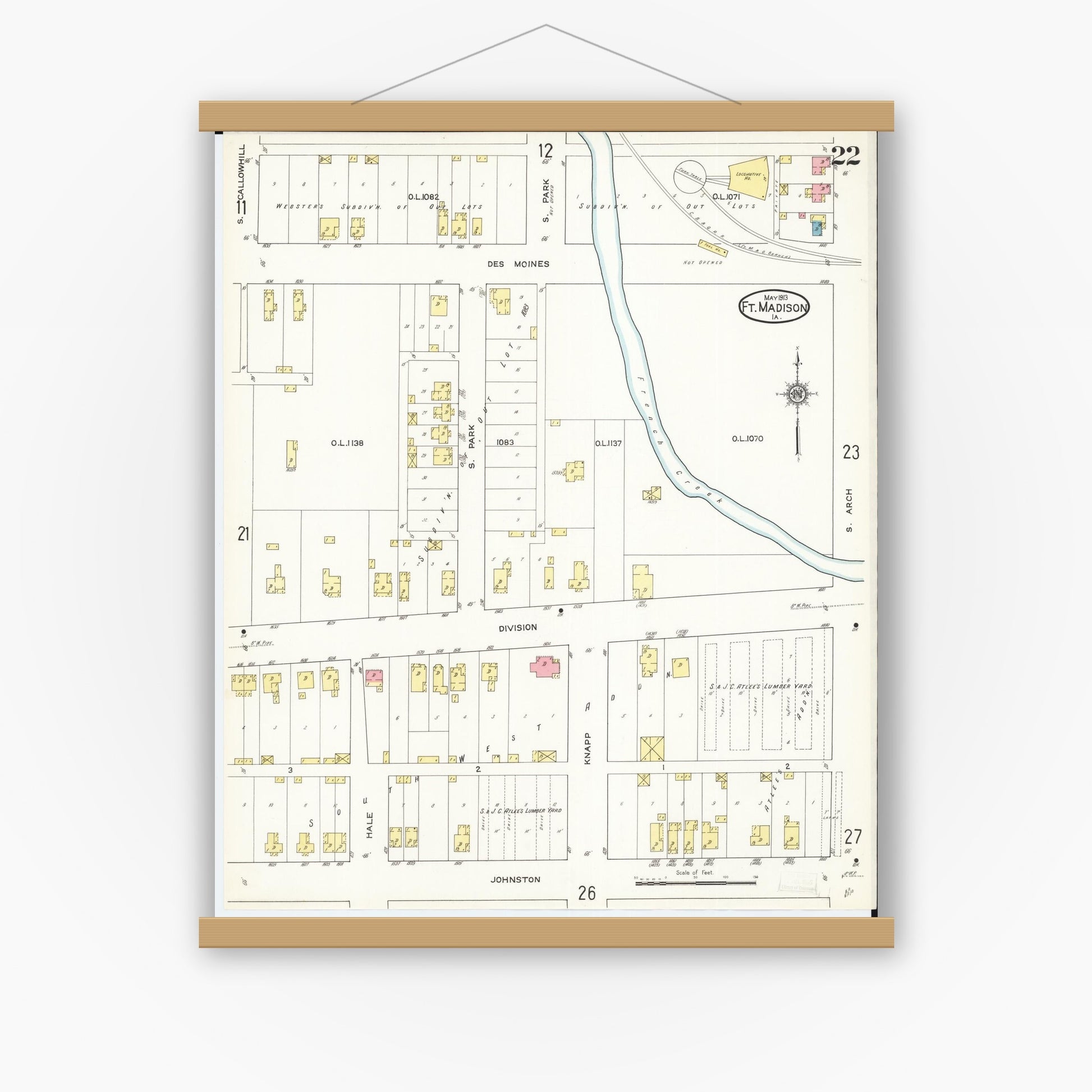 Old map wall art mockup — magnetic wood frame on white wall — Sanborn Fire Insurance Map from Fort Madison, Lee County, Iowa (1913), Sheet #0022