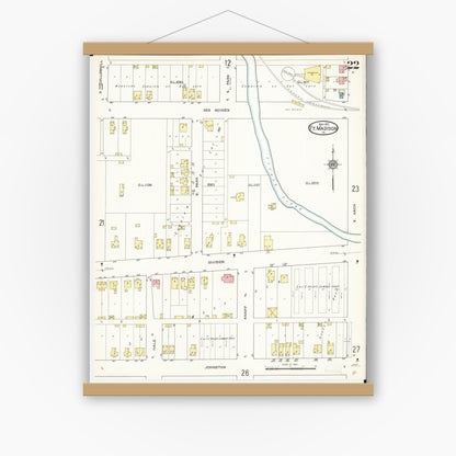 Old map wall art mockup — magnetic wood frame on white wall — Sanborn Fire Insurance Map from Fort Madison, Lee County, Iowa (1913), Sheet #0022
