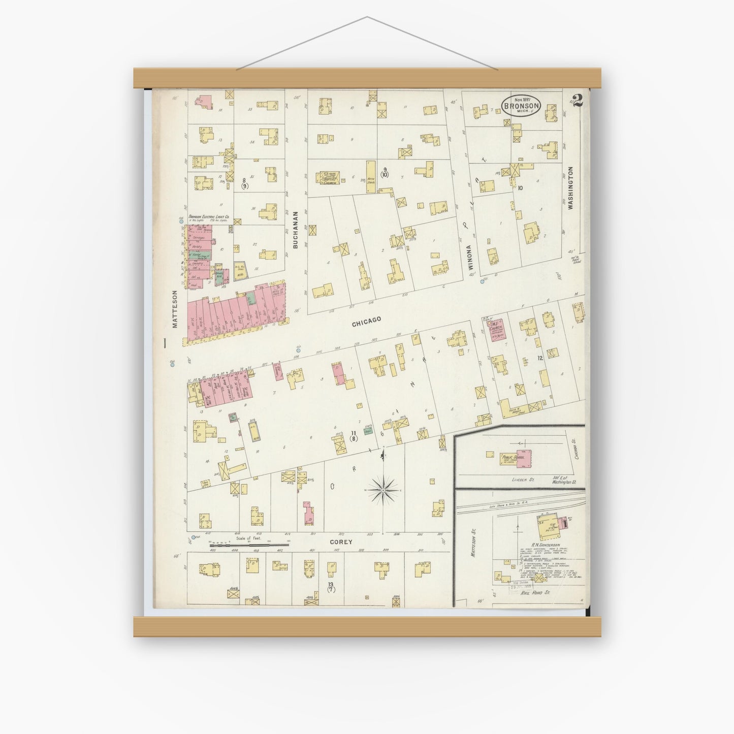 Old map wall art mockup — magnetic wood frame on white wall — Sanborn Fire Insurance Map from Bronson, Branch County, Michigan (1897), Sheet #0002