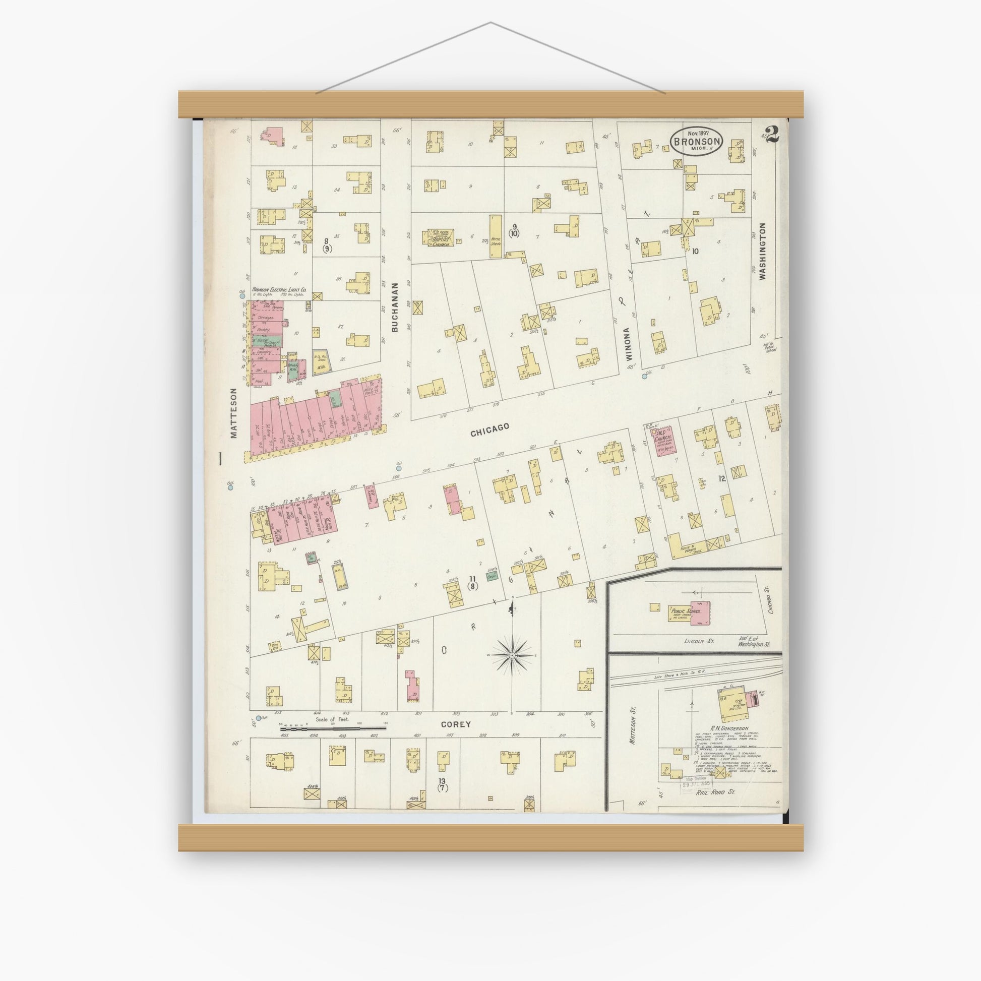 Old map wall art mockup — magnetic wood frame on white wall — Sanborn Fire Insurance Map from Bronson, Branch County, Michigan (1897), Sheet #0002