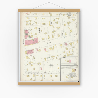 Old map wall art mockup — magnetic wood frame on white wall — Sanborn Fire Insurance Map from Bronson, Branch County, Michigan (1897), Sheet #0002