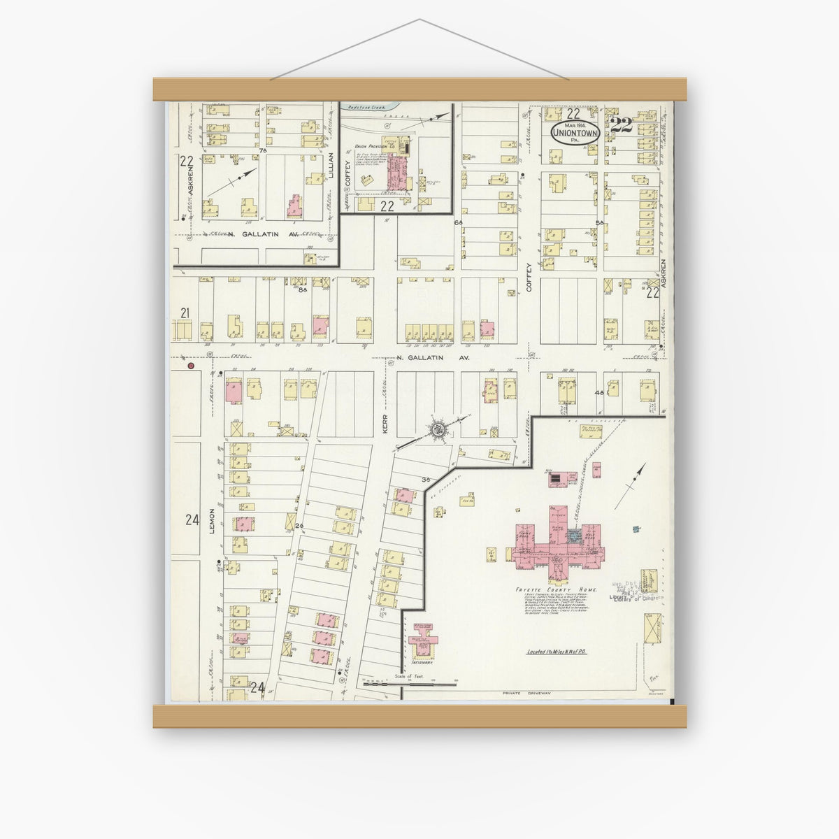 Old map wall art mockup — magnetic wood frame on white wall — Sanborn Fire Insurance Map from Uniontown, Fayette County, Pennsylvania (1914), Sheet #0022