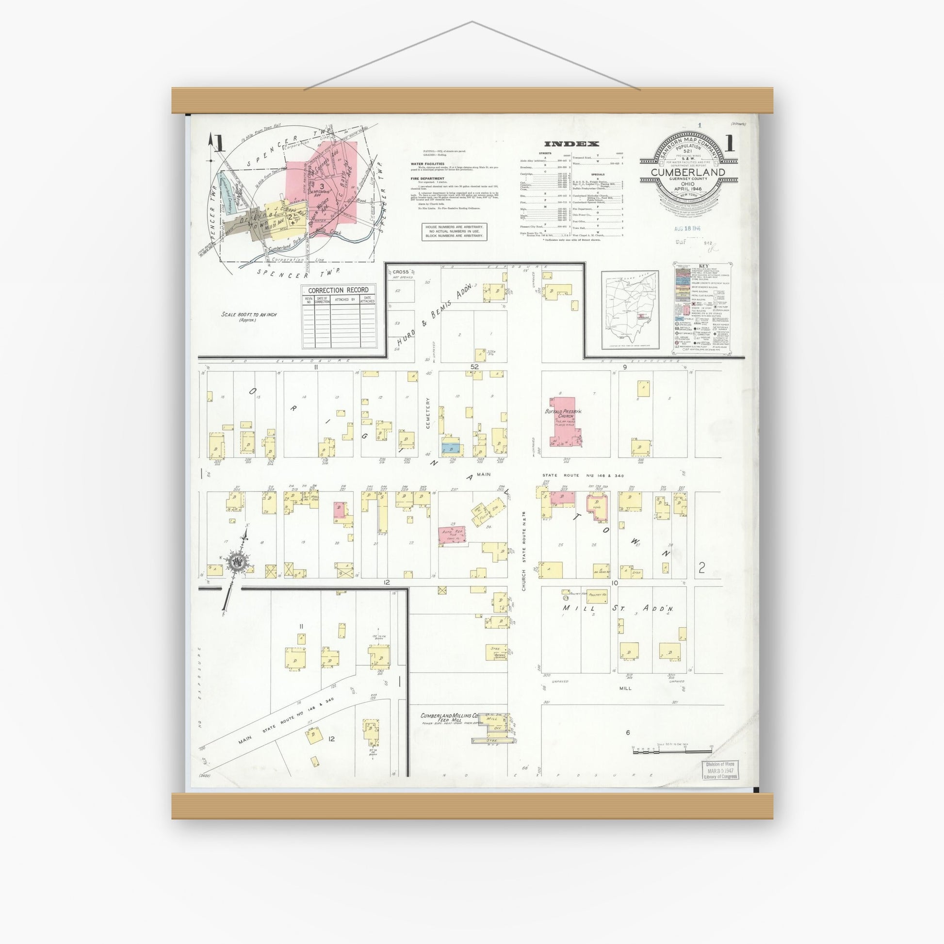 Old map wall art mockup — magnetic wood frame on white wall — Sanborn Fire Insurance Map from Cumberland, Guernsey County, Ohio (1946) - Complete Map Set