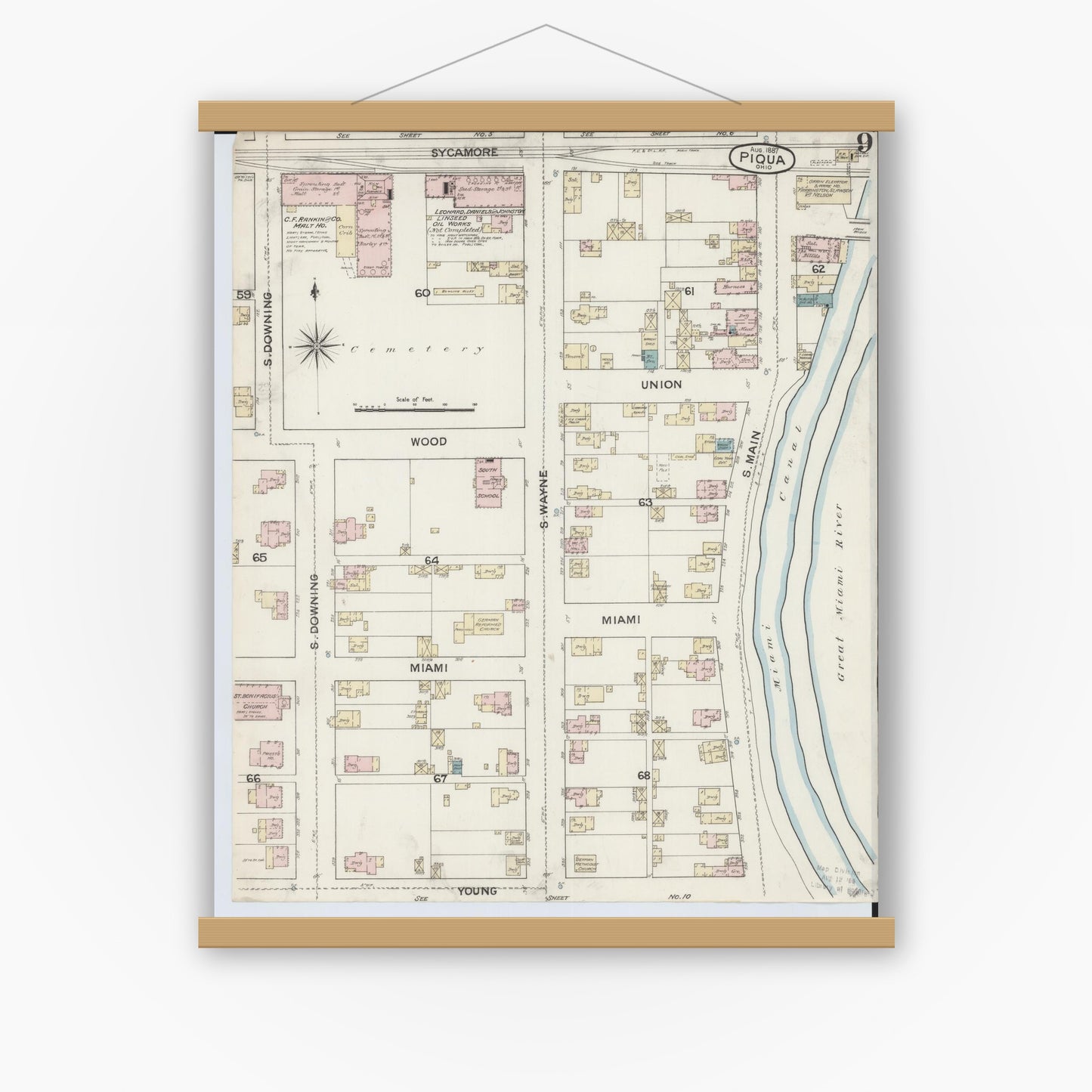 Old map wall art mockup — magnetic wood frame on white wall — Sanborn Fire Insurance Map from Piqua, Miami County, Ohio (1887), Sheet #0009