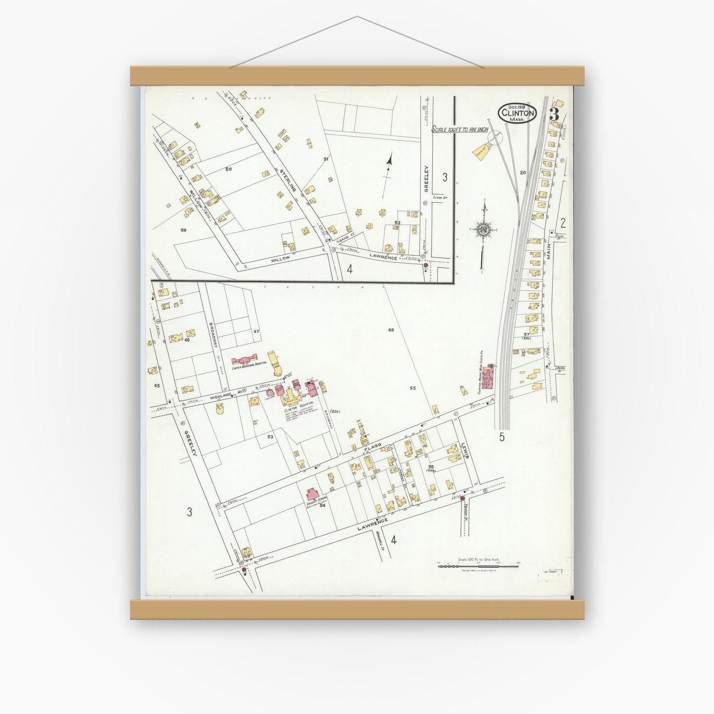 Old map wall art mockup — magnetic wood frame on white wall — Sanborn Fire Insurance Map from Clinton, Worcester County, Massachusetts (1919), Sheet #0003