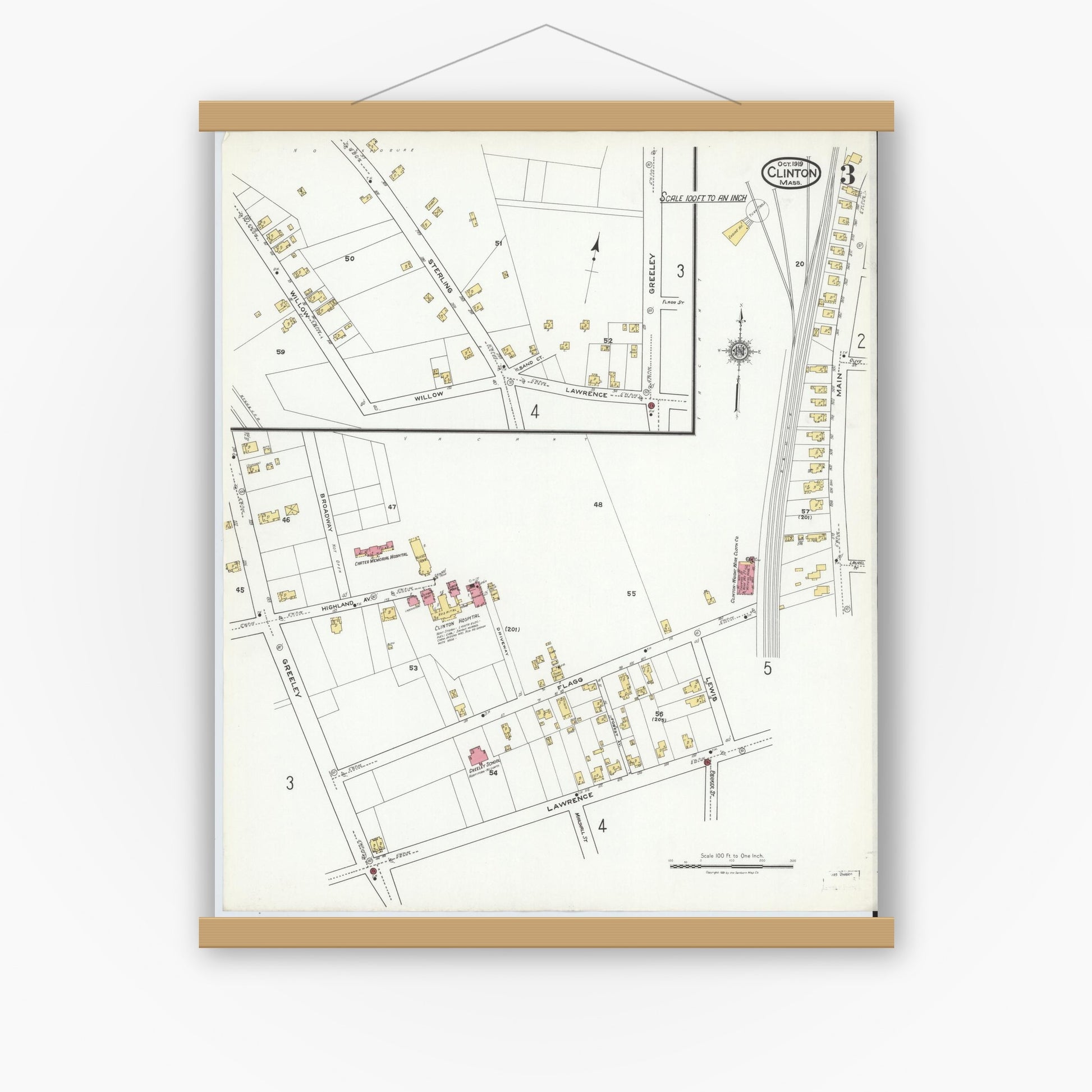 Old map wall art mockup — magnetic wood frame on white wall — Sanborn Fire Insurance Map from Clinton, Worcester County, Massachusetts (1919), Sheet #0003