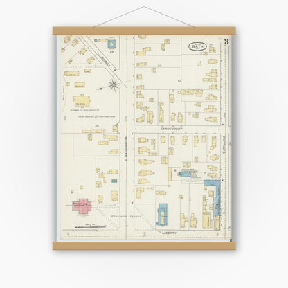 Old map wall art mockup — magnetic wood frame on white wall — Sanborn Fire Insurance Map from Bath, Steuben County, New York (1893), Sheet #0003