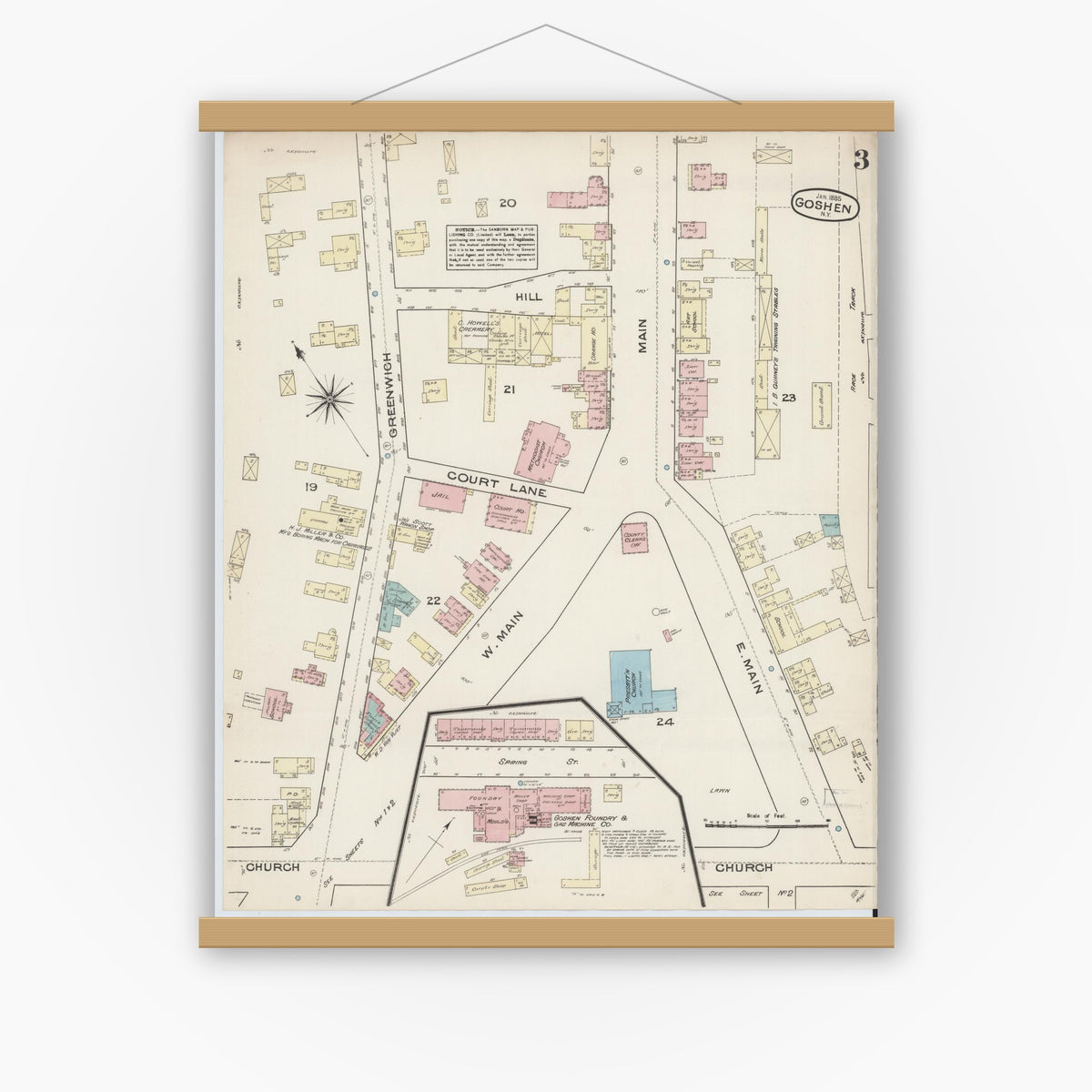 Old map wall art mockup — magnetic wood frame on white wall — Sanborn Fire Insurance Map from Goshen, Orange County, New York (1885), Sheet #0003