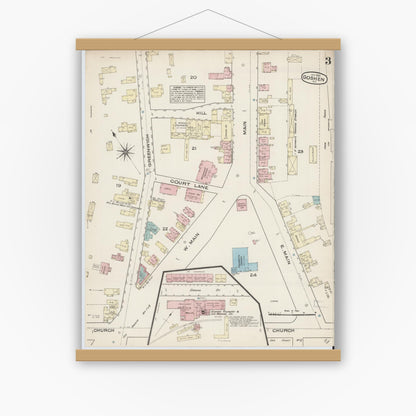 Old map wall art mockup — magnetic wood frame on white wall — Sanborn Fire Insurance Map from Goshen, Orange County, New York (1885), Sheet #0003