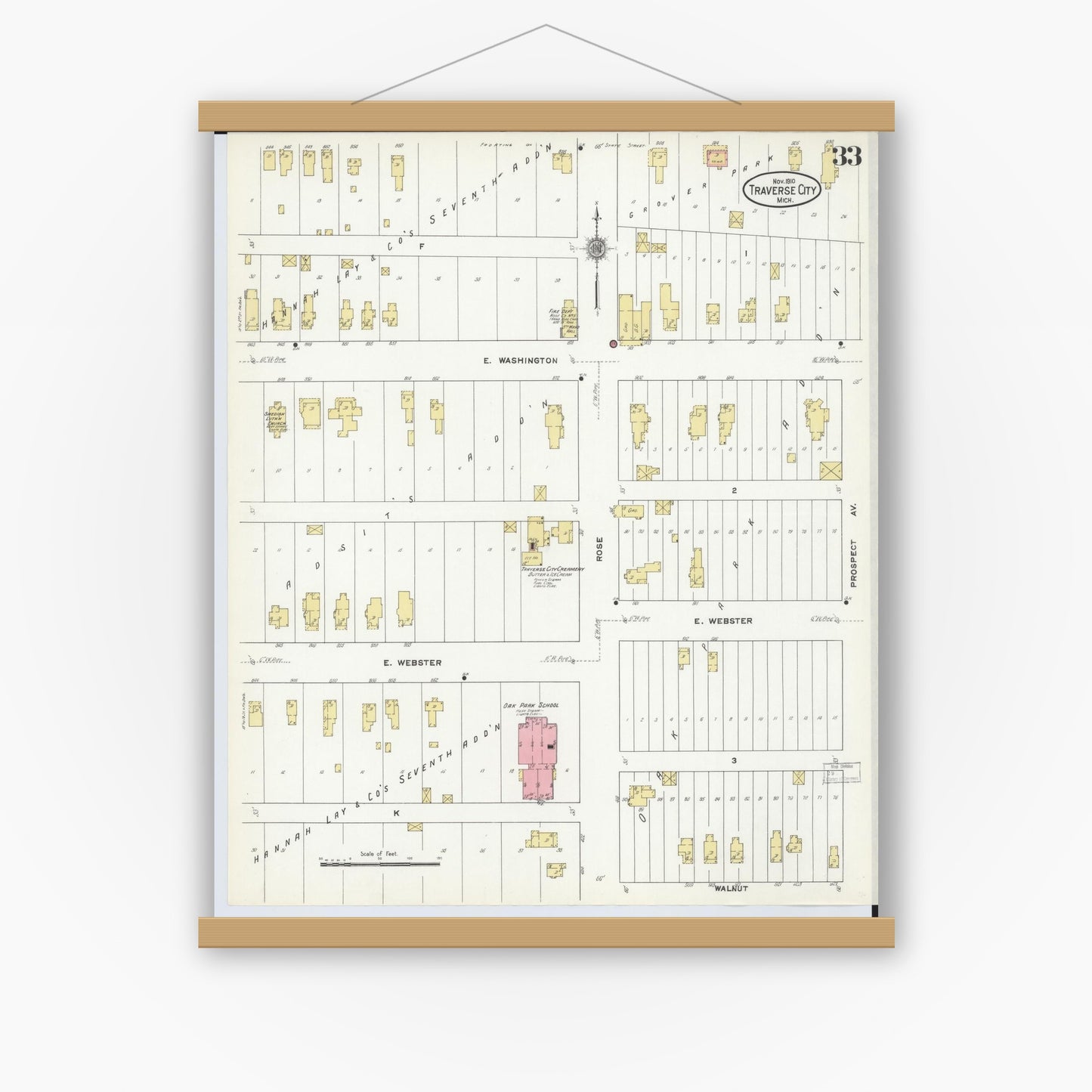 Old map wall art mockup — magnetic wood frame on white wall — Sanborn Fire Insurance Map from Traverse City, Grand Traverse County, Michigan (1910), Sheet #0033
