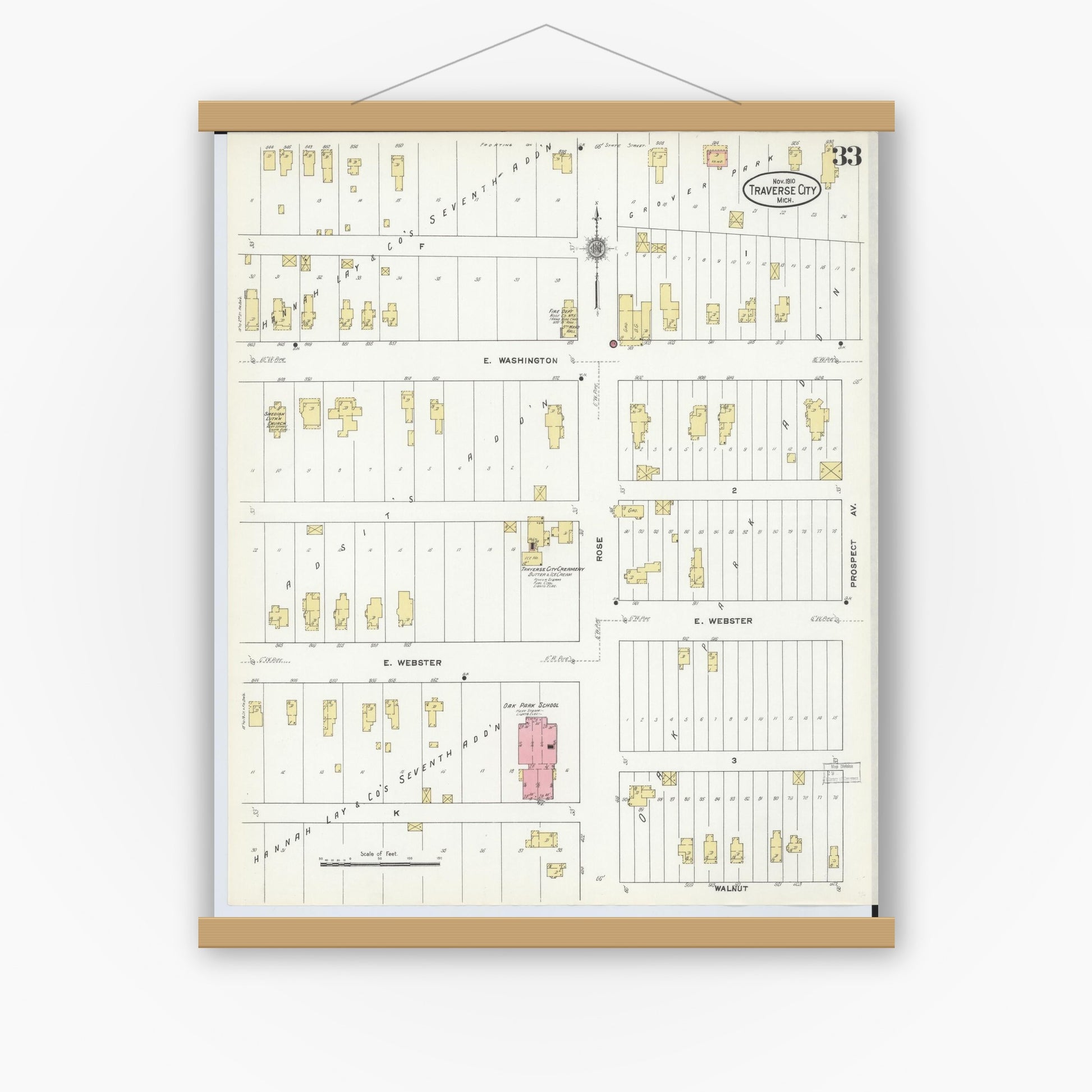 Old map wall art mockup — magnetic wood frame on white wall — Sanborn Fire Insurance Map from Traverse City, Grand Traverse County, Michigan (1910), Sheet #0033