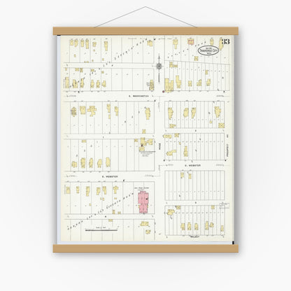 Old map wall art mockup — magnetic wood frame on white wall — Sanborn Fire Insurance Map from Traverse City, Grand Traverse County, Michigan (1910), Sheet #0033