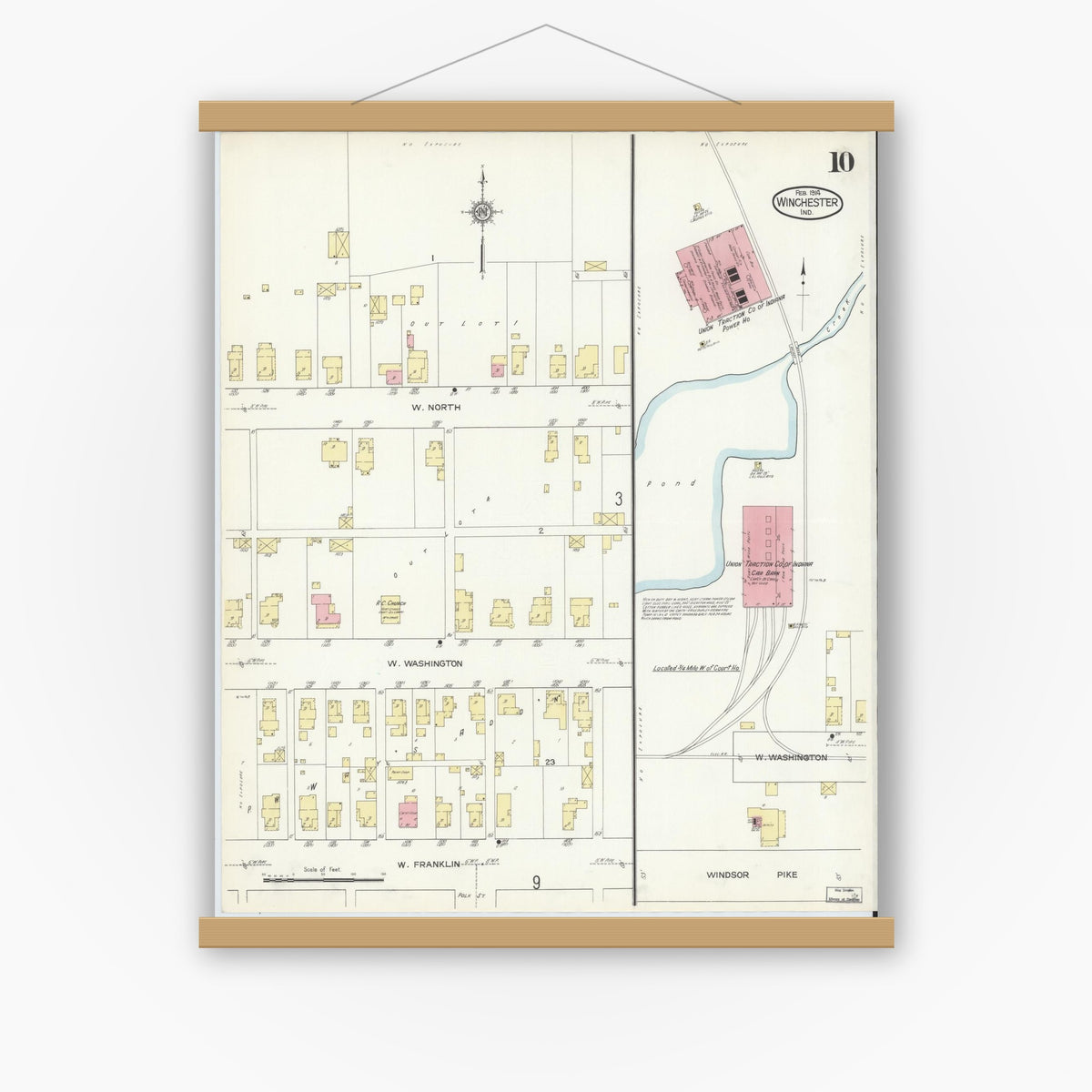 Old map wall art mockup — magnetic wood frame on white wall — Sanborn Fire Insurance Map from Winchester, Randolph County, Indiana (1914), Sheet #0010