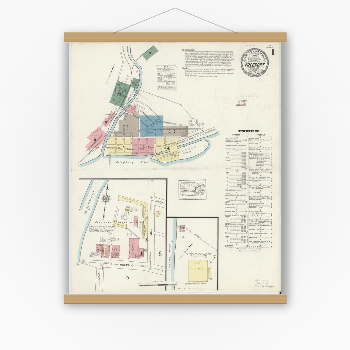 Old map wall art mockup — magnetic wood frame on white wall — Sanborn Fire Insurance Map from Freeport, Armstrong County, Pennsylvania (1913) - Complete Map Set