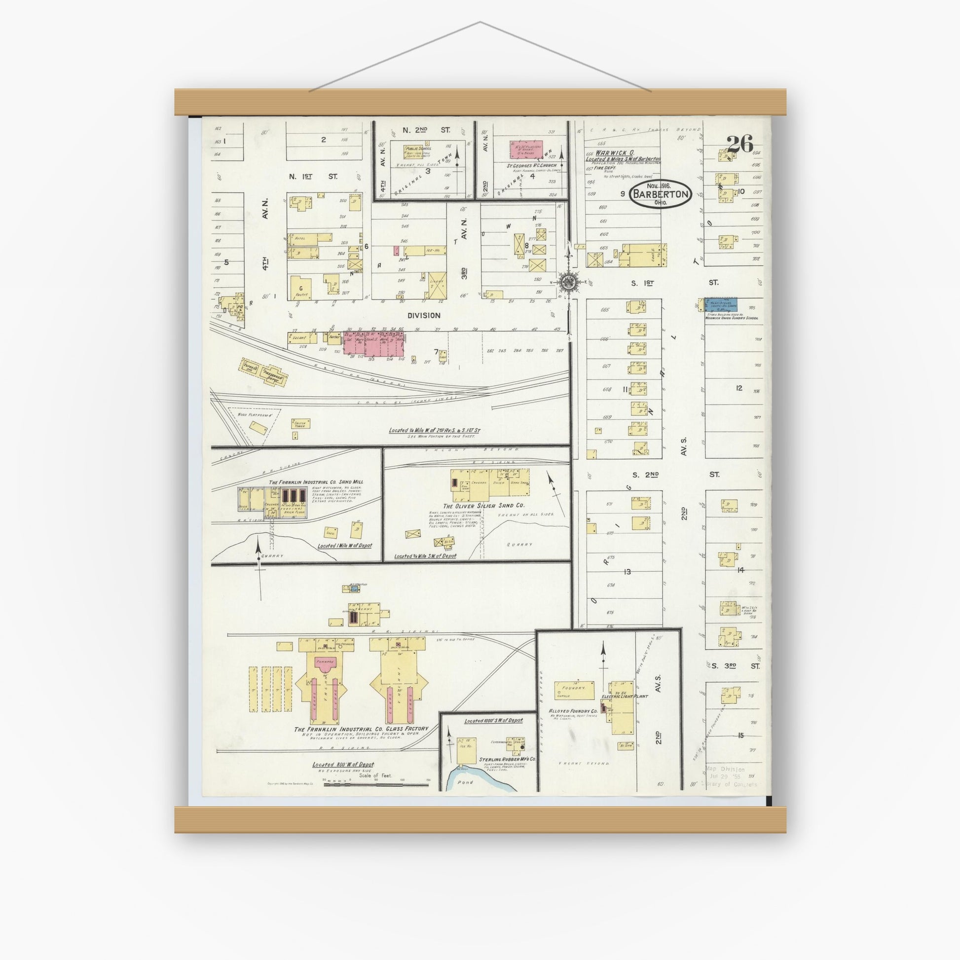 Old map wall art mockup — magnetic wood frame on white wall — Sanborn Fire Insurance Map from Barberton, Summit County, Ohio (1916), Sheet #0026