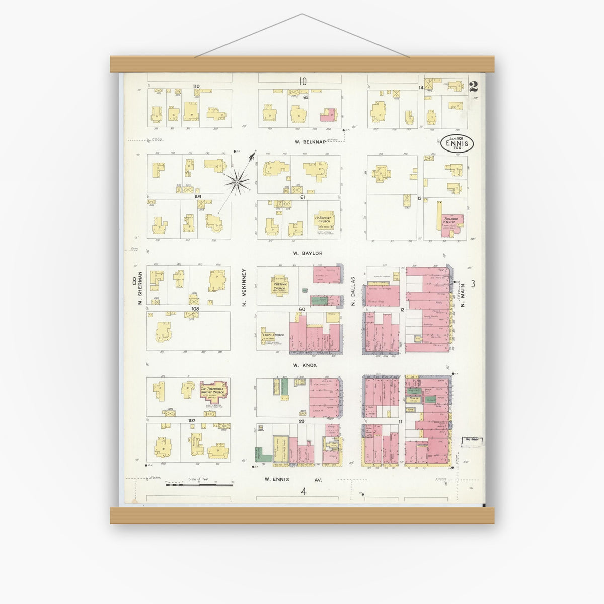 Old map wall art mockup — magnetic wood frame on white wall — Sanborn Fire Insurance Map from Ennis, Ellis County, Texas (1909), Sheet #0002