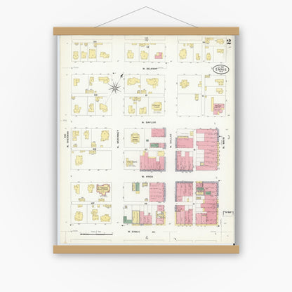 Old map wall art mockup — magnetic wood frame on white wall — Sanborn Fire Insurance Map from Ennis, Ellis County, Texas (1909), Sheet #0002