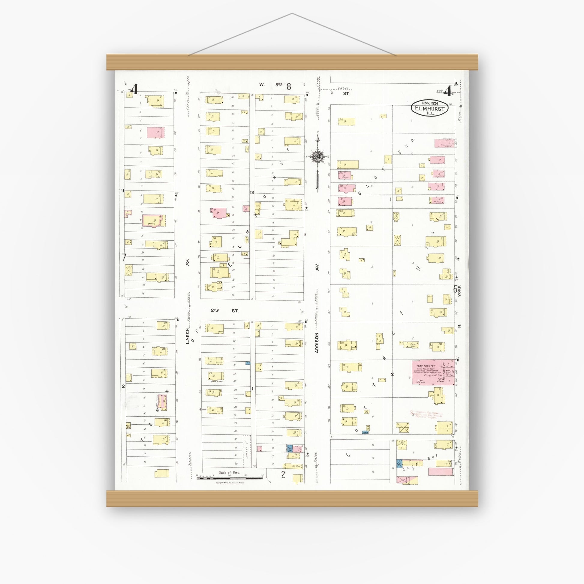 Old map wall art mockup — magnetic wood frame on white wall — Sanborn Fire Insurance Map from Elmhurst, Du Page County, Illinois (1924), Sheet #0004