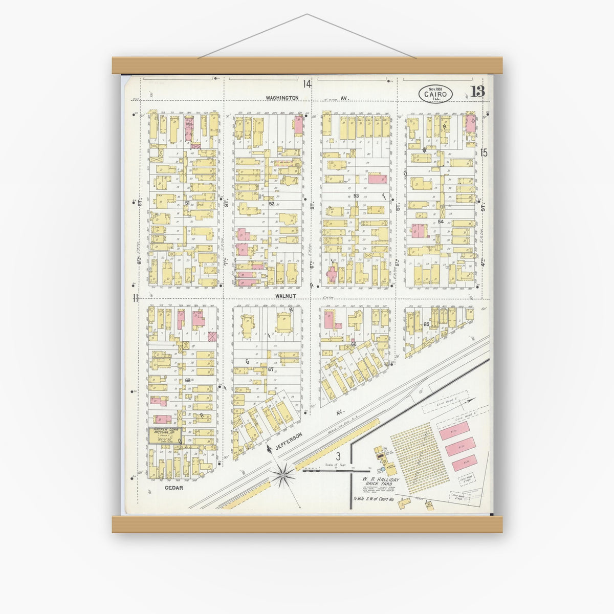 Old map wall art mockup — magnetic wood frame on white wall — Sanborn Fire Insurance Map from Cairo, Alexander County, Illinois (1901), Sheet #0013