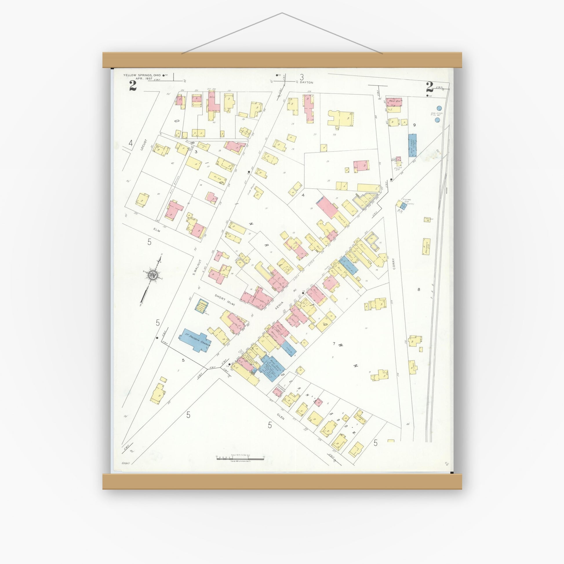 Old map wall art mockup — magnetic wood frame on white wall — Sanborn Fire Insurance Map from Yellow Springs, Greene County, Ohio (1937), Sheet #0002