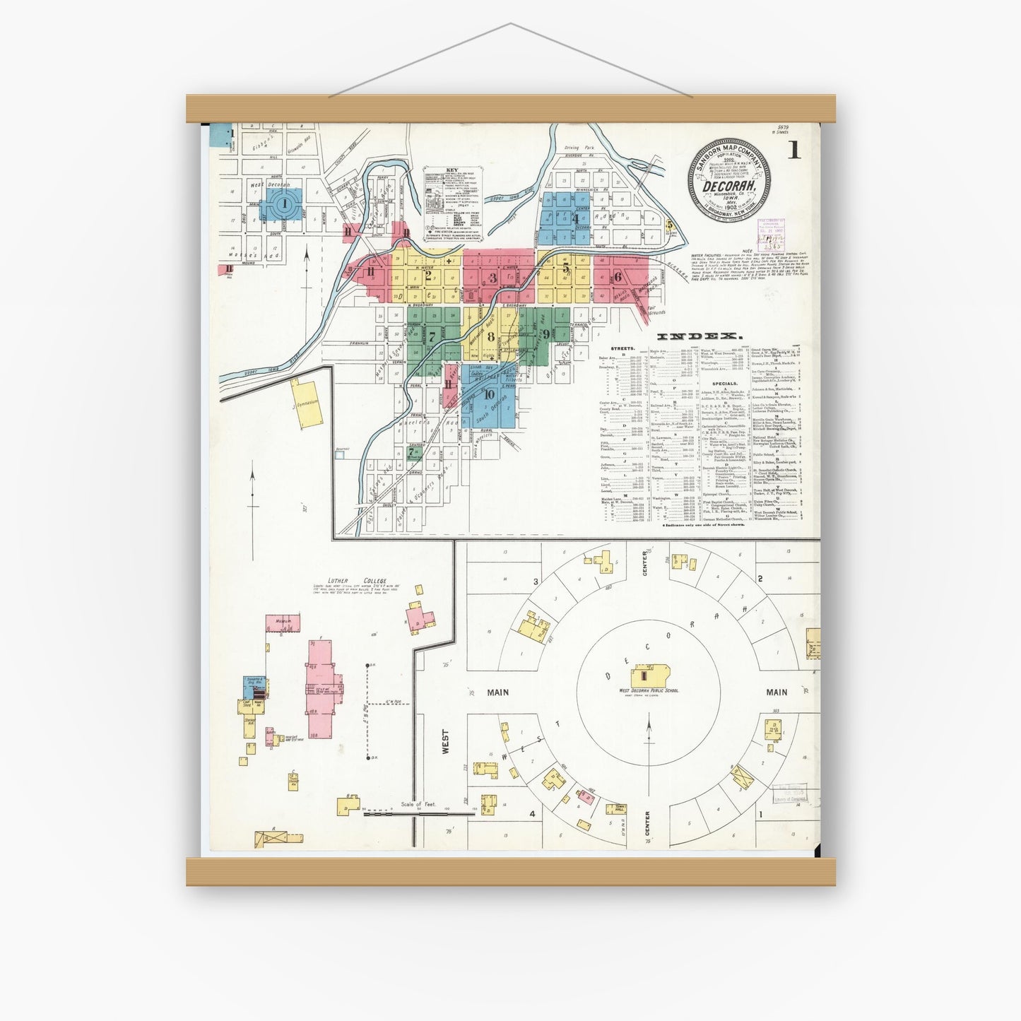 Old map wall art mockup — magnetic wood frame on white wall — Sanborn Fire Insurance Map from Decorah, Winneshiek County, Iowa (1902) â€” Complete Set