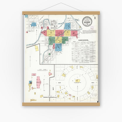 Old map wall art mockup — magnetic wood frame on white wall — Sanborn Fire Insurance Map from Decorah, Winneshiek County, Iowa (1902) â€” Complete Set
