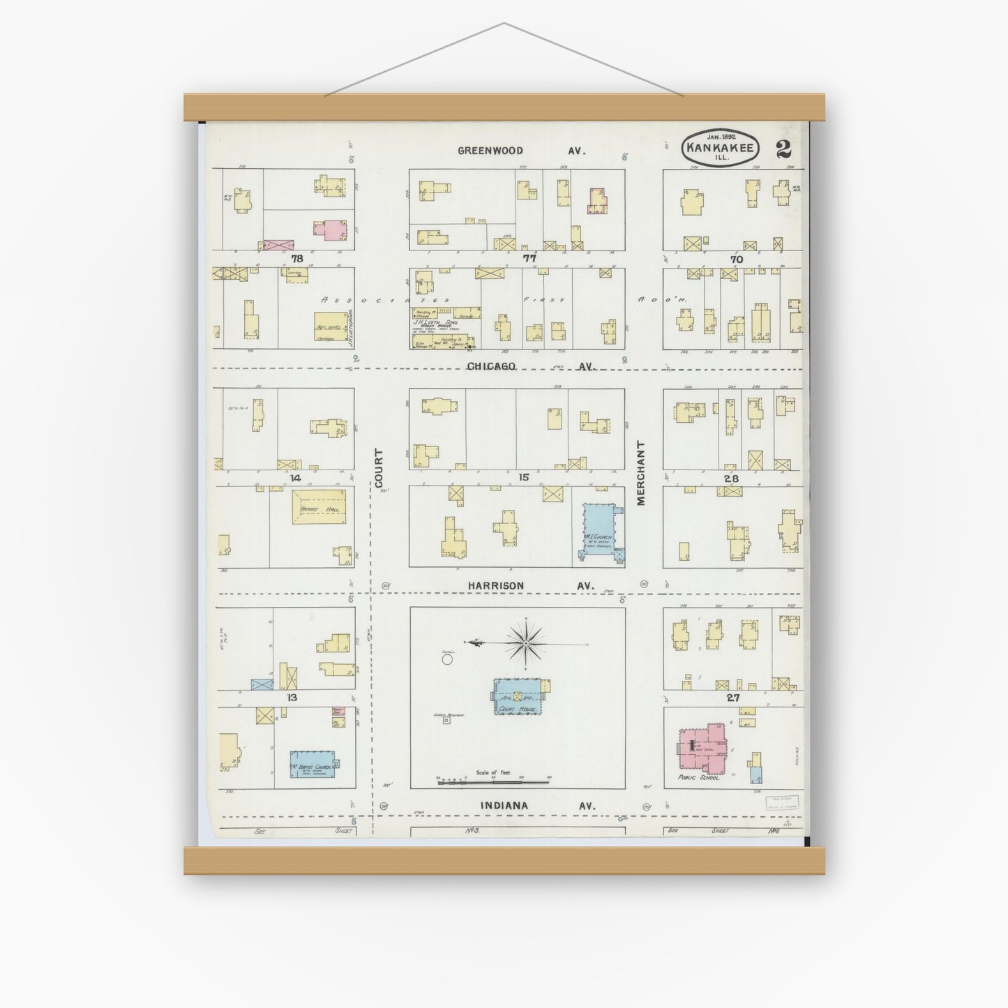 Old map wall art mockup — magnetic wood frame on white wall — Sanborn Fire Insurance Map from Kankakee, Kankakee County, Illinois (1892), Sheet #0002