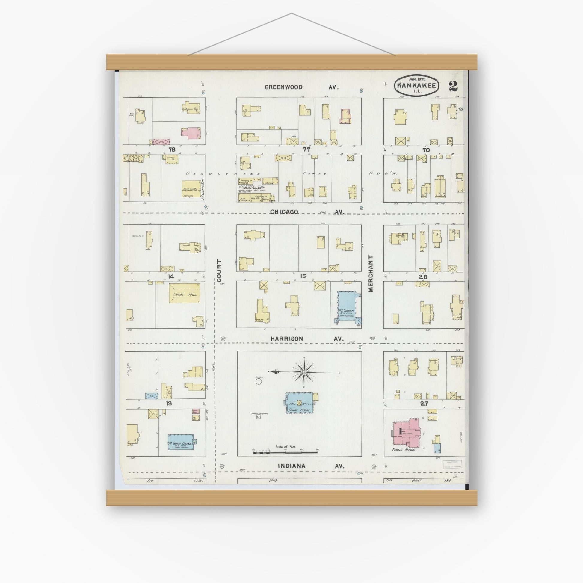 Old map wall art mockup — magnetic wood frame on white wall — Sanborn Fire Insurance Map from Kankakee, Kankakee County, Illinois (1892), Sheet #0002