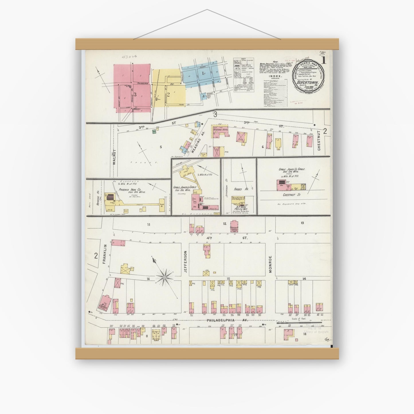 Old map wall art mockup — magnetic wood frame on white wall — Sanborn Fire Insurance Map from Boyertown, Berks County, Pennsylvania (1896) - Complete Map Set
