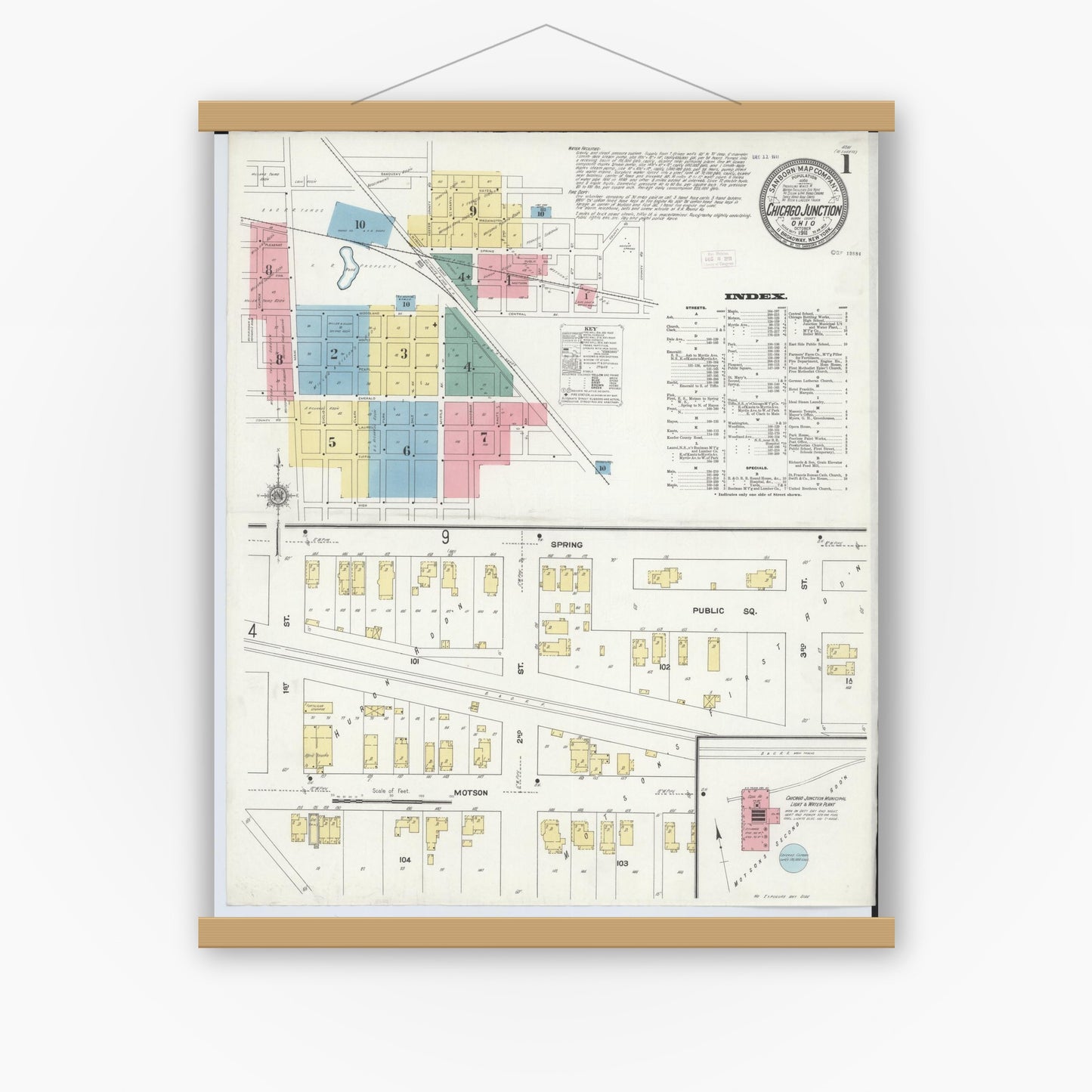Old map wall art mockup — magnetic wood frame on white wall — Sanborn Fire Insurance Map from Chicago Junction, Huron County, Ohio (1911) - Complete Map Set
