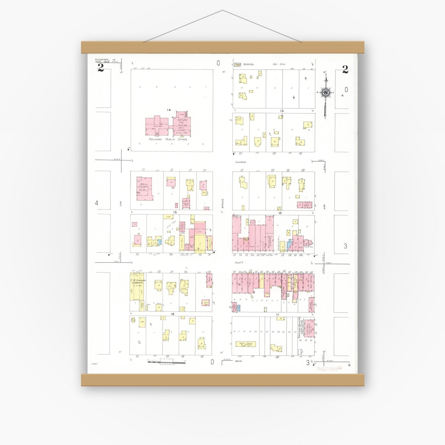 Old map wall art mockup — magnetic wood frame on white wall — Sanborn Fire Insurance Map from Rockford, Floyd County, Iowa (1948), Sheet #0002