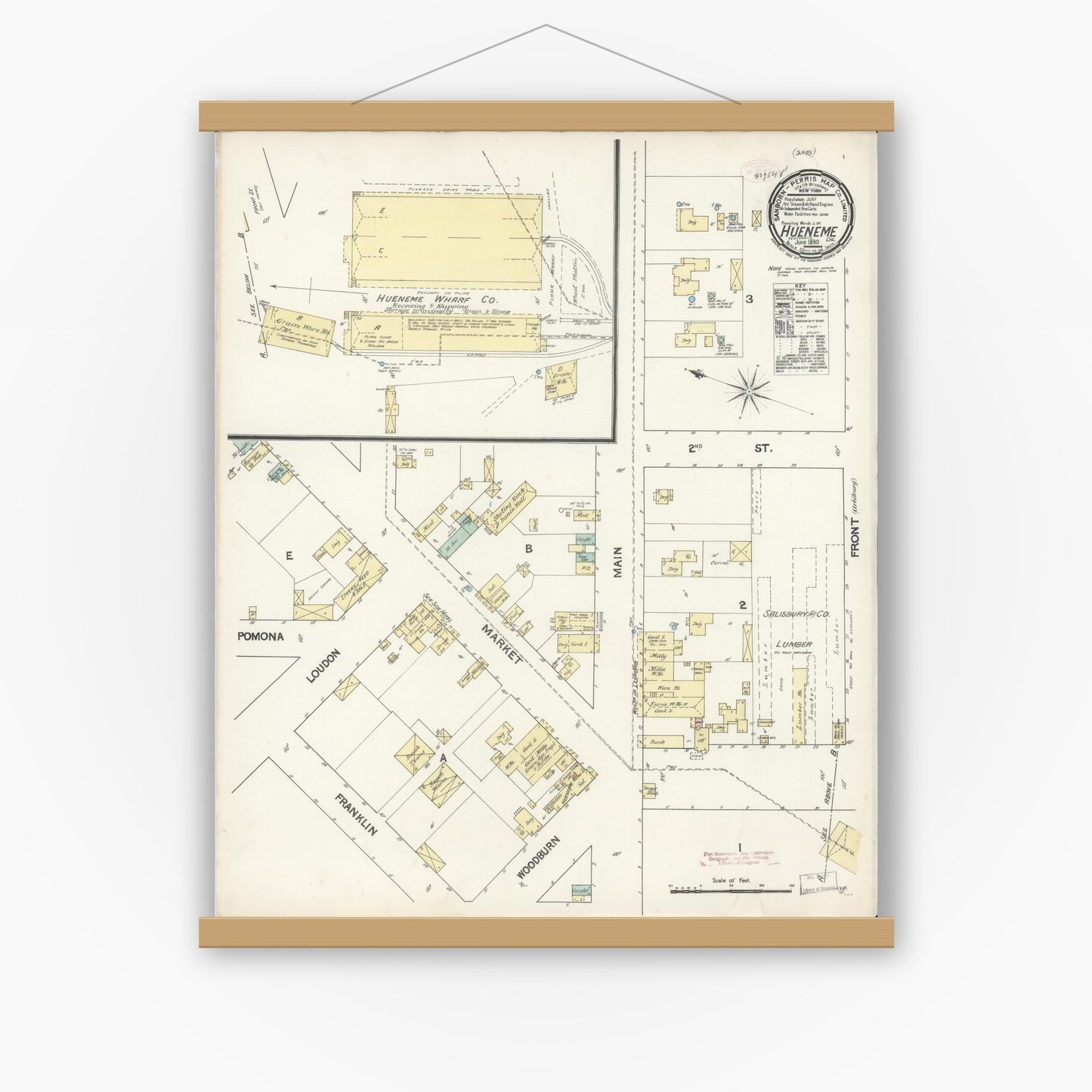 Old map wall art mockup — magnetic wood frame on white wall — Sanborn Fire Insurance Map from Hueneme, Ventura County, California (1890), Sheet #0001