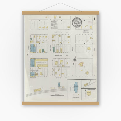 Old map wall art mockup — magnetic wood frame on white wall — Sanborn Fire Insurance Map from Round Rock, Williamson County, Texas (1909), Sheet #0001