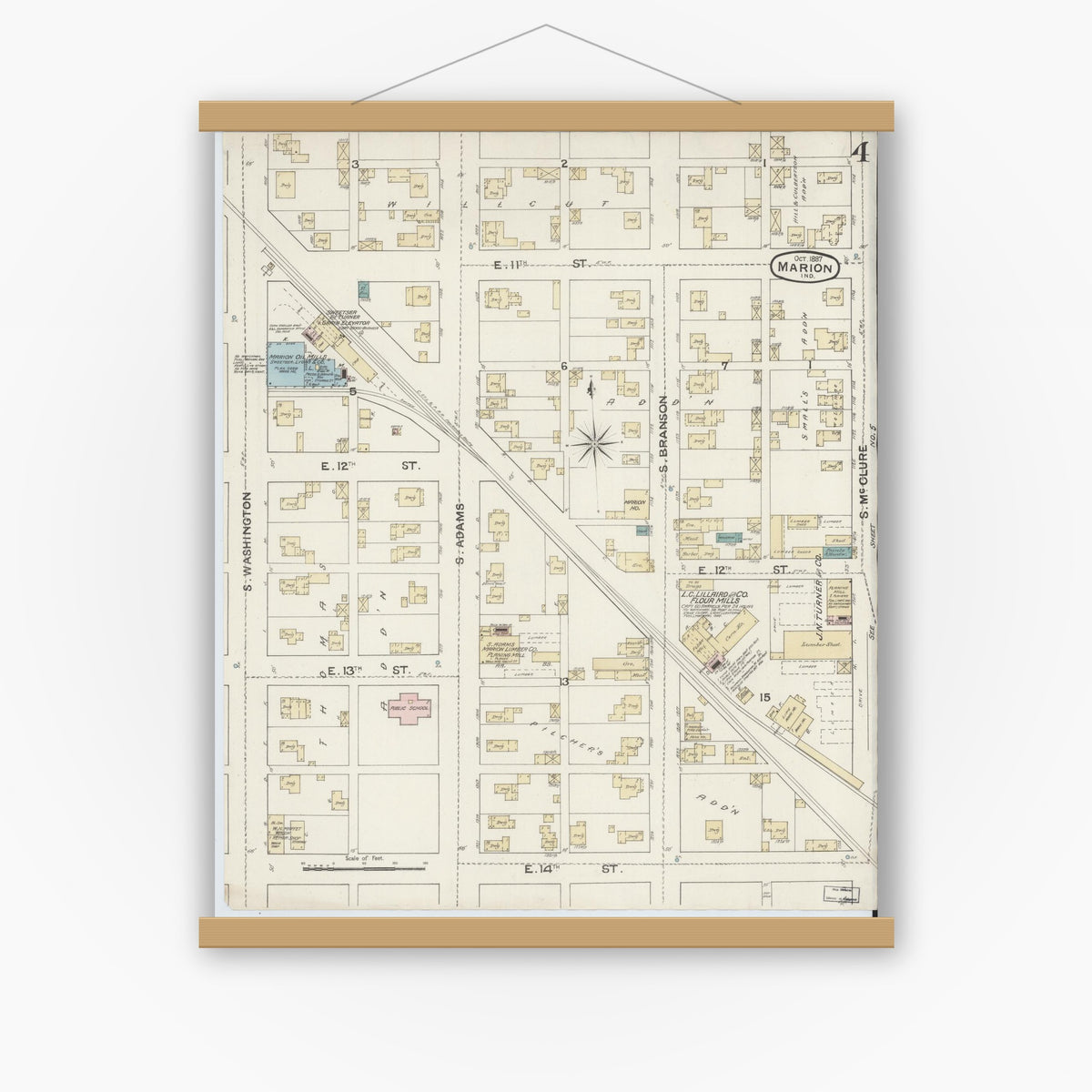Old map wall art mockup — magnetic wood frame on white wall — Sanborn Fire Insurance Map from Marion, Grant County, Indiana (1887), Sheet #0004