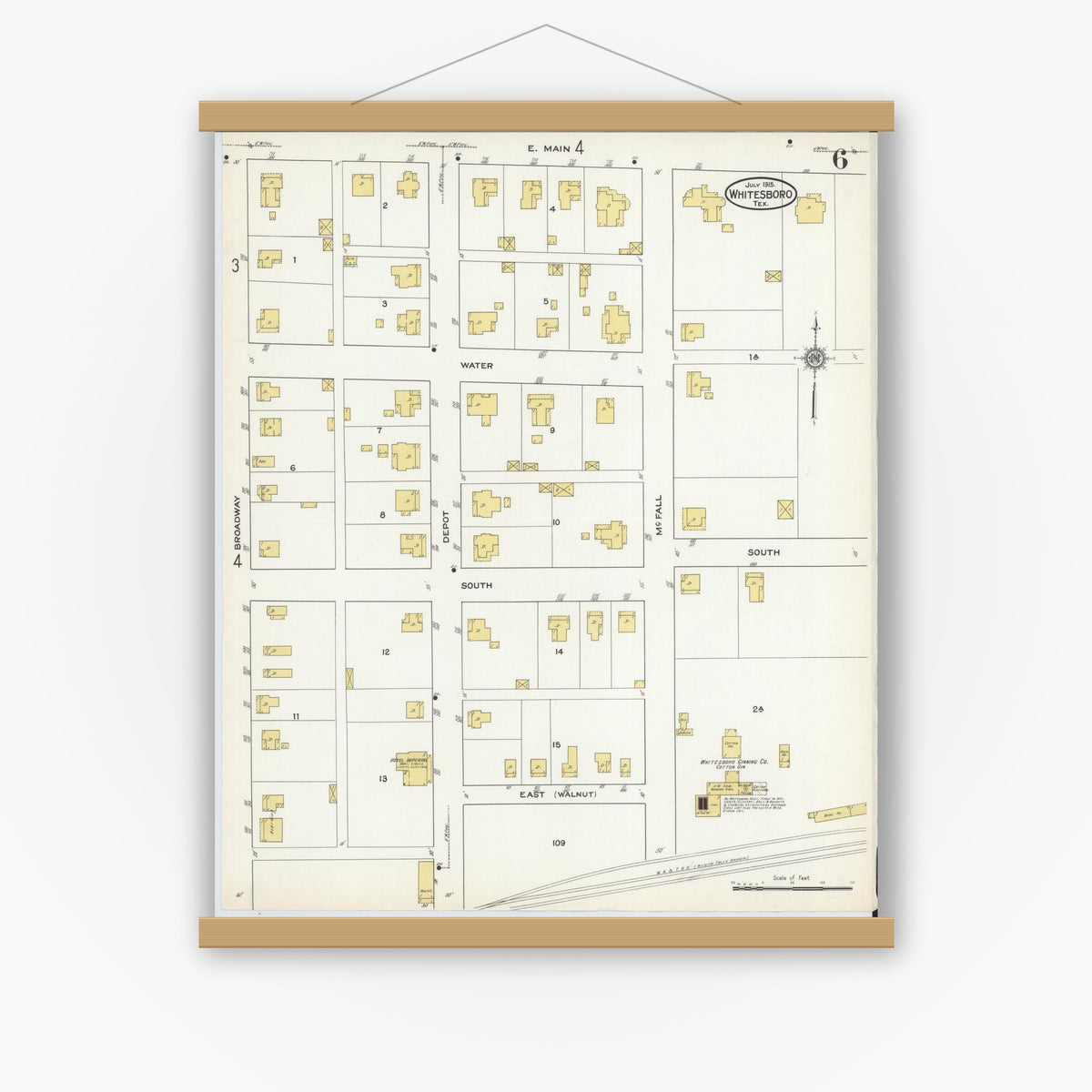 Old map wall art mockup — magnetic wood frame on white wall — Sanborn Fire Insurance Map from Whitesboro, Grayson County, Texas (1915), Sheet #0006