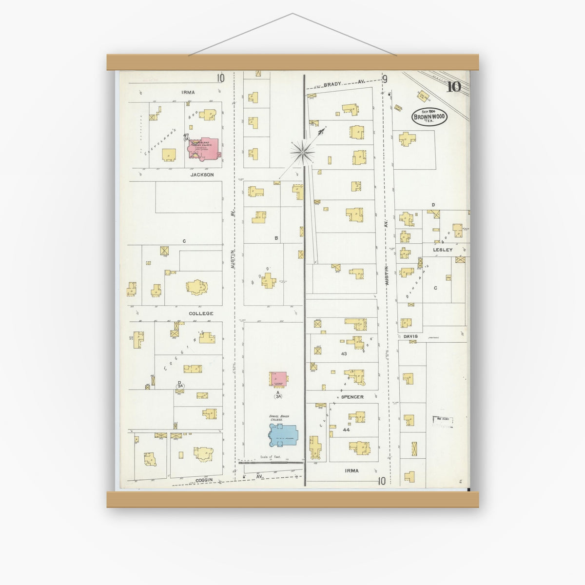 Old map wall art mockup — magnetic wood frame on white wall — Sanborn Fire Insurance Map from Brownwood, Brown County, Texas (1904), Sheet #0010