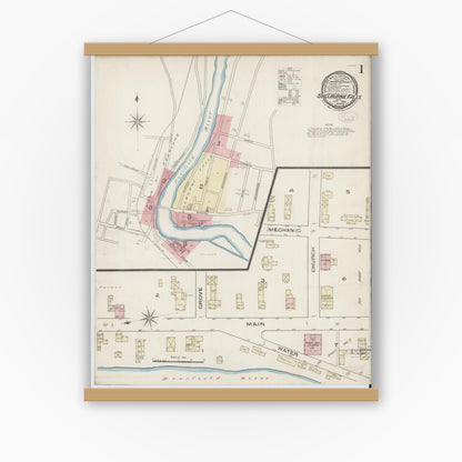 Old map wall art mockup — magnetic wood frame on white wall — Sanborn Fire Insurance Map from Shelburne Falls, Franklin County, Massachusetts (1885) - Complete Map Set
