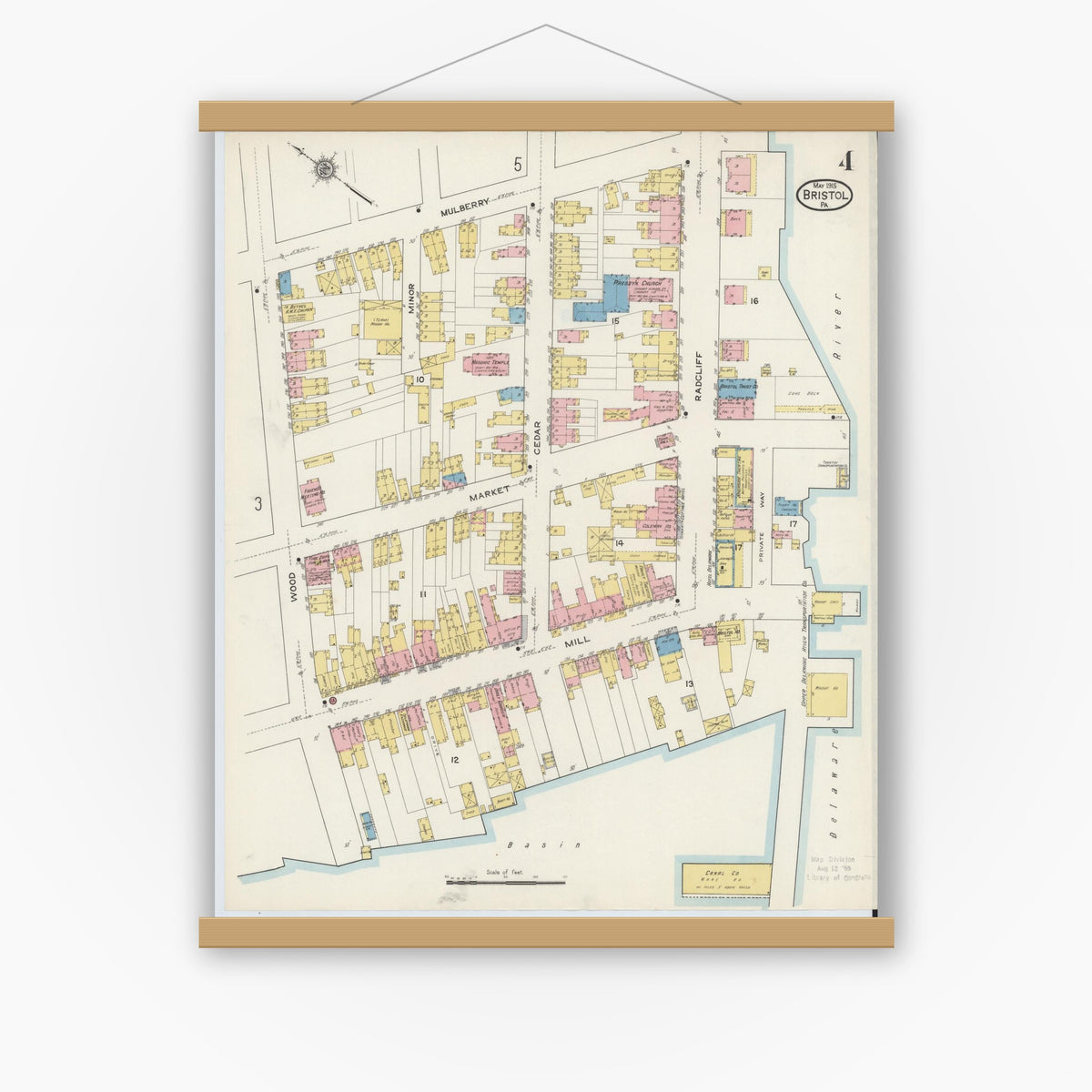 Old map wall art mockup — magnetic wood frame on white wall — Sanborn Fire Insurance Map from Bristol, Bucks County, Pennsylvania (1915), Sheet #0004